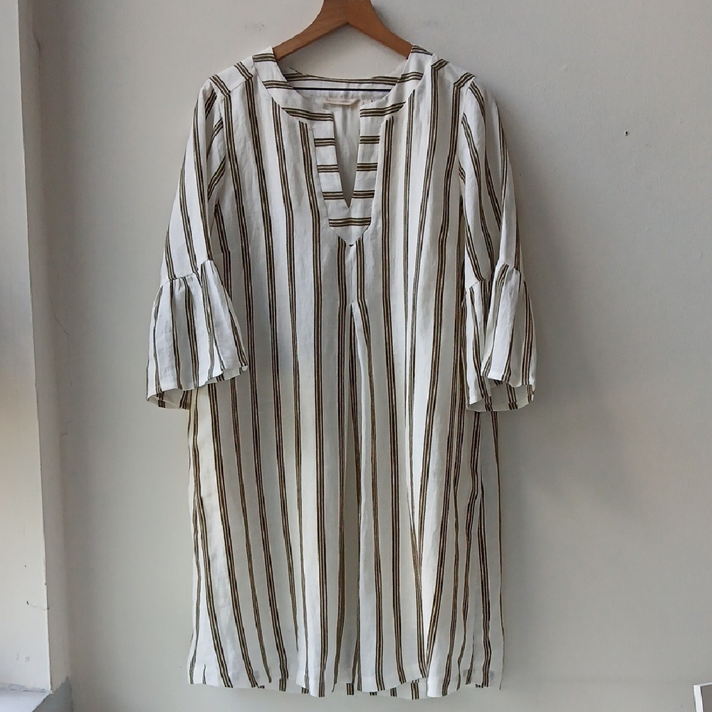 Soft Surroundings Linen Popover Dress Green Stripe Women's Large